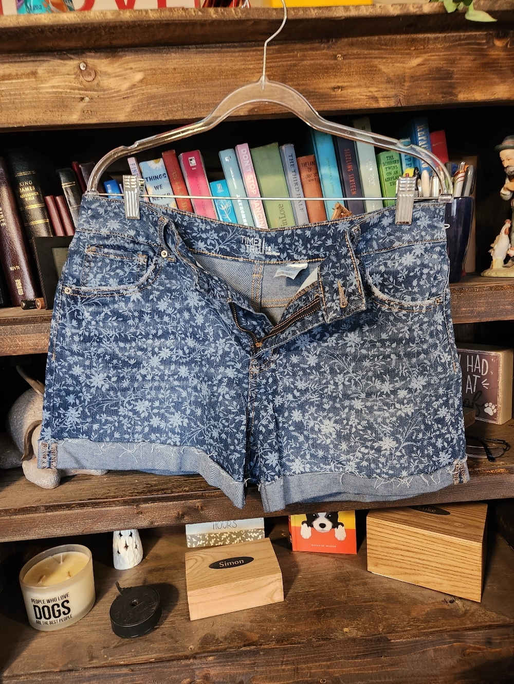 Time and Tru Floral Print Denim Shorts - Blue